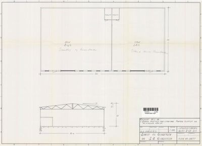 En tegning som viser et tverrsnitt (snitt) gjennom en bygning, med oppriss av takkonstruksjon og grunnkonstruksjon.