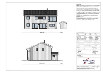 Fasadetegning som viser bygningens utseende fra nord og vest, inkludert vinduer, dører og takform.