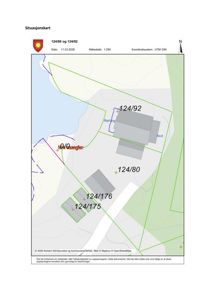 Situasjonskart som viser eiendomsnummer (124/80, 124/92, 124/175, 124/176), bygninger, vegger, og nabolag.