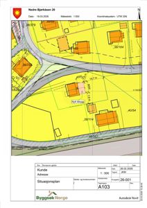 Situasjonsplan som viser tomtens plassering i forhold til nabolag, veier og andre eiendommer.