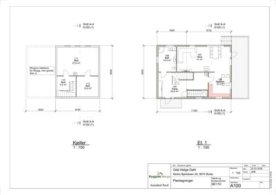 Plantegning som viser romfordeling og dimensjoner for kjeller- og etasje 1.
