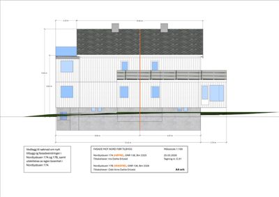 Fasadetegning av Nordlysveien 17A og 17B mot nord, som viser oppriss, vinduer, balkong og mål.