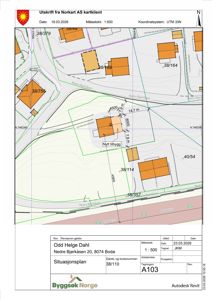 Situasjonsplan som viser tomtens beliggenhet, nabotomter (38/755, 38/164 etc.), veier og et nytt tilbygg.