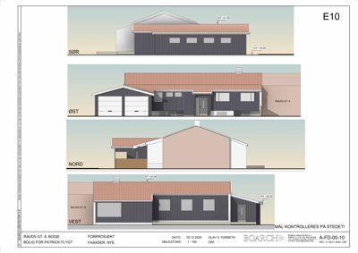 Fasadetegning som viser bygningens utseende fra alle fire sider (Sør, Øst, Nord, Vest).
