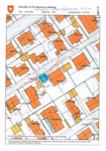 Situasjonsplan som viser eiendomsinndeling, bygningers plassering og arealer for en søknad om utkjøring.