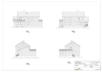 Fasadetegning som viser bygningens utseende fra fire sider: Sør, Nord, Vest og Øst.
