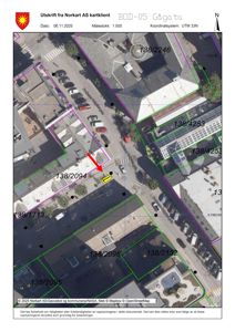 Situasjonsplan (tomtekart) fra Norkart som viser eiendomsinndeling, bygninger og gater.