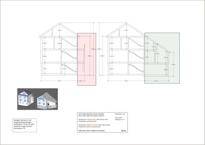 Snittegning som viser tverrsnitt gjennom en bygning med oppgitt høyder og trappeløsninger.