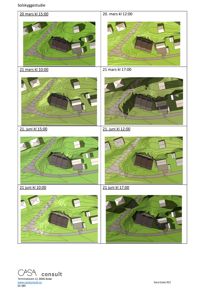 Solskyggestudie som viser skygger fra bygningene på ulike tidspunkt (mars og juni) for å vurdere solforhold.