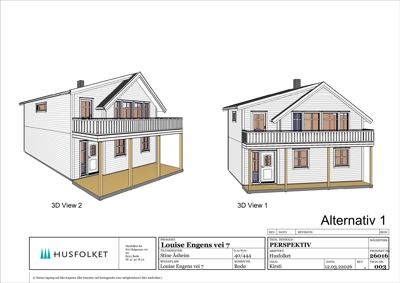 3D-visualisering (perspektivtegning) av et husalternativ med to utsnitt.