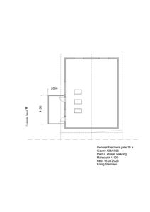 Etasjeplan for 2. etasje og balkong i General Fleichers gate 16 a, med angitte mål og fasaderetning.