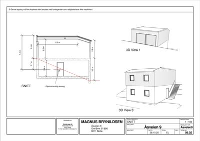 En tegning som viser et snitt gjennom en bygning med mål og 3D-visninger.