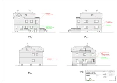 Fasadetegning som viser bygningens utseende fra fire sider (Nord, Sør, Øst, Vest) med detaljer om vinduer, dører og fasadebehandling.