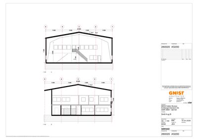 Snittegning (A og B) som viser tverrsnittet av en bygning med oppgitt høyder, takhøyde og romfordeling.