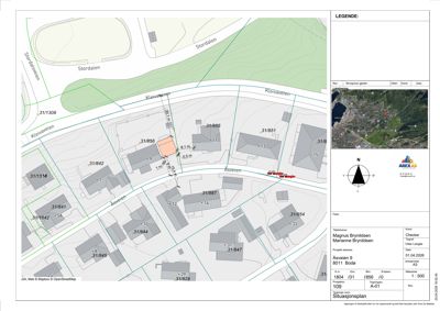 Situasjonsplan som viser tomtens beliggenhet i forhold til nabolag, veier (Stordalen, Kleivaveien, Åsveten) og eiendomsnummer.