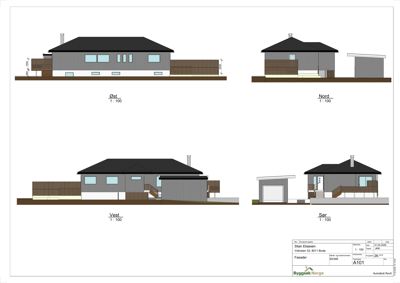 Fasadetegning som viser bygningens utseende fra alle fire sider (Øst, Nord, Vest, Sør) med mål og detaljer.
