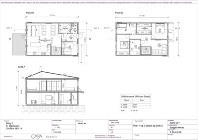 Bildet viser etasjeplaner (Plan 01 og Plan 02) samt et snitt (Snitt A) for en bolig, inkludert romnummerering, dimensjoner og arealoppsummering.