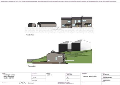 Fasadeopprikk (Nord og Øst) for en rekkeboligprosjekt med tegningstittel og teknisk informasjon.