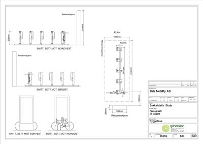 Tegning som viser detaljerte snitt og plan for plassering av sykkelstativ og reklameskjerm.