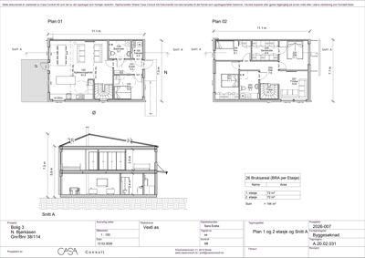 Etasjeplaner (Plan 01 og Plan 02) og en snittegning (Snitt A) av en bolig, med romfordeling, mål og arealoppsett.