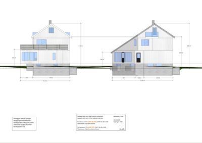 Fasadetegning som viser bygningens utseende fra vest og øst, med mål og detaljer.
