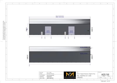 Fasadetegning som viser oppriss av en bygning sett fra siden (gavl), med angitte mål og fargevalg for fasadepanel.