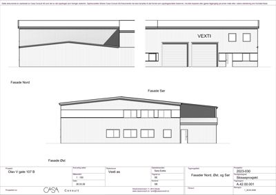 Fasadetegning som viser bygningens utsyn mot nord, øst og sør.