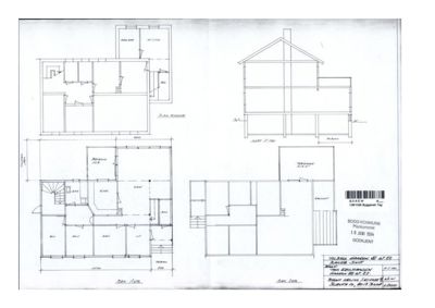 Bildet viser en tegning med etasjeplaner (romfordeling) og et snitt av en bygning.