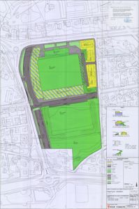 Situasjonsplan som viser tomtens plassering i forhold til omgivelsene, med fargekodet informasjon om terrengform og byggefelt.