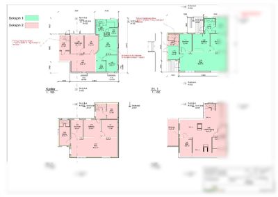 Etasjeplaner (plantegninger) for en bygning, som viser romfordeling, mål og etasjer (Kjeller, Et 1, Et 2, Loft).