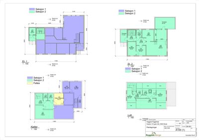 Etasjeplaner (Et. 1, Et. 2, Kjøler, Loft) som viser romfordeling, arealer og seksjoner for en bygning.