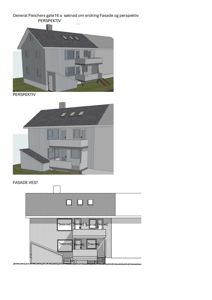 Bildet viser en tegning med to perspektivvisninger av en bygning og en fasadetegning (Fasade Vest) med målspesifikasjoner.