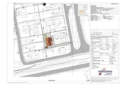 Situasjonsplan som viser bygningens plassering i forhold til naboeiendommer, vegger, og tomtegrenser.