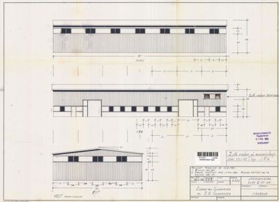 Fasadetegning som viser bygningens utsyn mot nord og vest, inkludert vinduer, dører og mål.