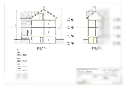 Tegning som viser tverrsnitt gjennom en bygning (Snitt A-A og Snitt B-B) med høydemål, romfordeling og etasjer.