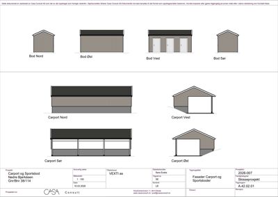 Fasadetegning som viser utsiden av ulike boder og carporter (Nord, Øst, Vest, Sør) med takform og vindusoppsett.