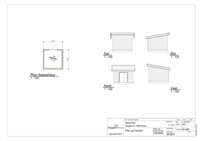 Tegning som viser etasjeplan for søppelskur og fasadeopprikk (Nord, Sør, Øst, Vest) for samme bygning.