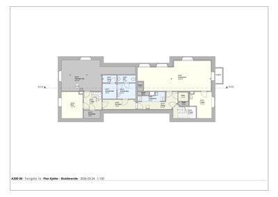 Etasjeplan (kjeller) med romfordeling, arealer og snittlinjer.