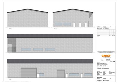 Fasadetegning som viser bygningens utsyn fra fire ulike vinkler (Fasade 1-4).