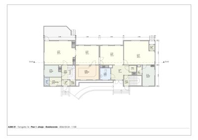 Etasjeplan (Plan 1) for eksisterende bygning ved Torvgata 16, som viser romfordeling og dimensjoner.