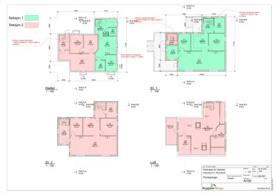 Etasjeplaner (plantegninger) for en bygning, som viser romfordeling, mål og etasjer (Kjeller, Et 1, Et 2, Loft).