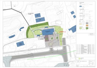 Situasjonsplan som viser bygningens plassering i forhold til omgivelsene, inkludert terrengkonturer, vei, nabobebyggelse og vegetasjon.