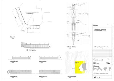 En tegning som viser fasadeoppsett for bygningen, inkludert detaljer, situasjonsplan og perspektiv.