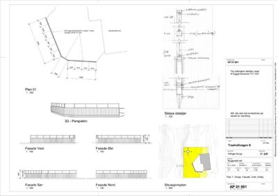En tegning som viser fasadeoppsett for bygningen, inkludert detaljer, situasjonsplan og perspektiv.
