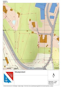 Situasjonskart som viser tomtens grenser, høydemålepunkter, eksisterende bygninger, veier og topografi.