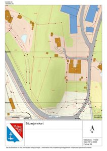 Situasjonskart som viser tomtens grenser, høydemålepunkter, eksisterende bygninger, veier og topografi.