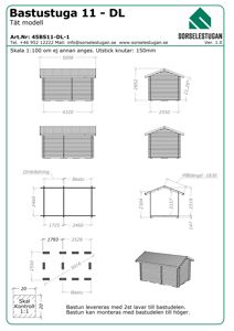 Fasadetegning (opprikk) av en bastu med mål og detaljer for tak og yttervegger.
