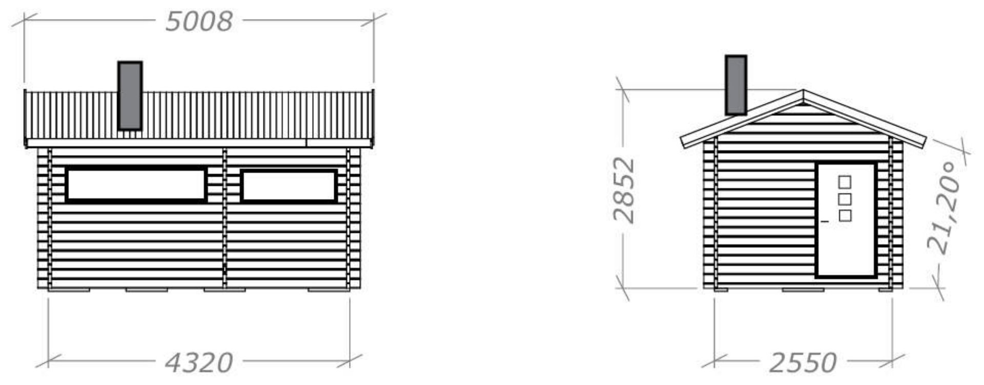 Fasadetegning som viser bygningens utseende fra front og side, med angitte mål for bredde, høyde og takhelling.