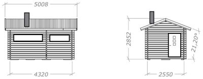 Fasadetegning som viser bygningens utseende fra front og side, med angitte mål for bredde, høyde og takhelling.