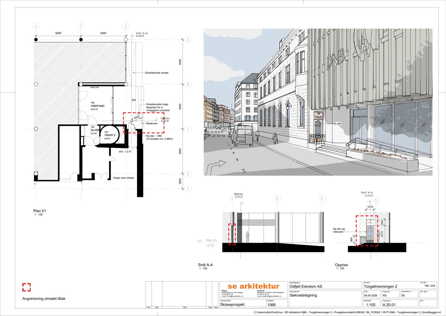 Et fotografi av en eksisterende bygning med en tegning overlappet på høyre side.